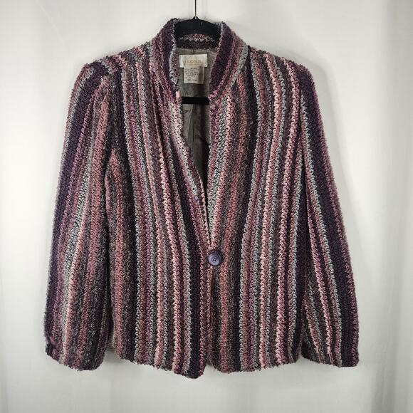 Vtg 80s Boucle Cardigan Purple Pink Lambswool Mohair Blend Knit Blazer Large 12 - Picture 1 of 9